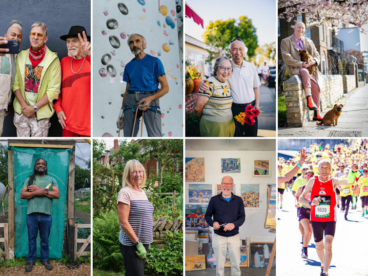 Collage of older people doing fun activities.